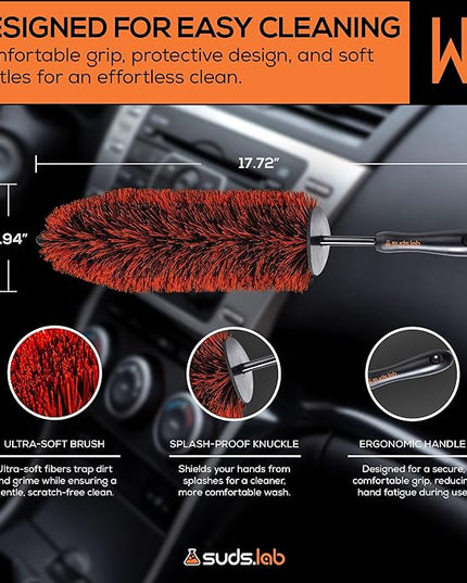 Suds Lab WB Premium Detailing Wheel Brush for All Vehicle Types – 17.7" Ultra-Soft and Scratch-Free Reusable Rim, Wheel, and Tire Brush for Deep Cleaning