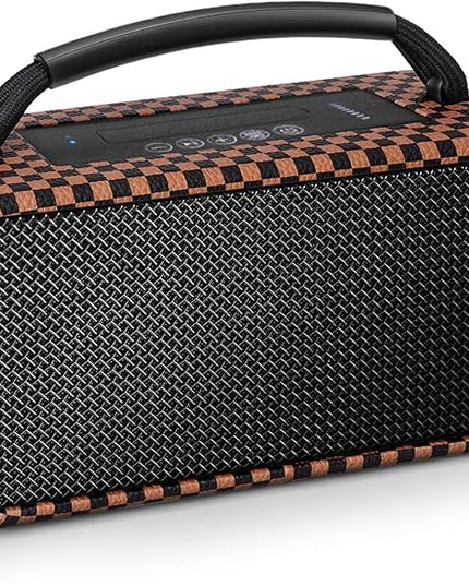 DINDIN Portable Bluetooth Speaker： 80W (Peak), 20H Playtime, Wireless Big Wood Boombox with Deep Bass, Subwoofer, TWS, Large, Loud Speaker for Party, Outdoor, Backyard, Beach, Home,Gift（Black+Brown）