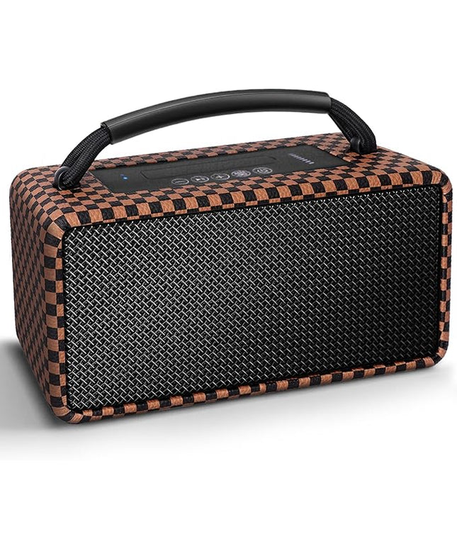 DINDIN Portable Bluetooth Speaker： 80W (Peak), 20H Playtime, Wireless Big Wood Boombox with Deep Bass, Subwoofer, TWS, Large, Loud Speaker for Party, Outdoor, Backyard, Beach, Home,Gift（Black+Brown）