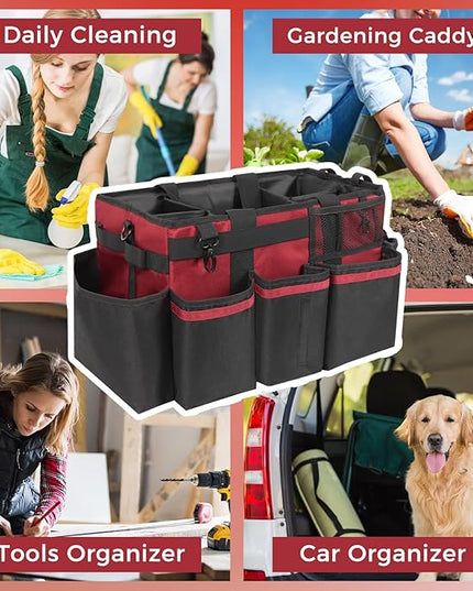 Wearable Cleaning Caddy, Cleaning Caddy Supplies Organizer with Handle & Shoulder Straps for Housekeepers, Under Sink & Car Cleaning Tool Organizers Bag with 4 Foldable Divider (Wine)