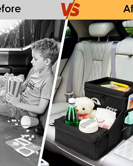 Car Seat Organizer, Backseat Car Organizer with Cup Holder Tray and Storages for Kids and Adults, Portable Travel Cooler for Car for Front or Back Seat Passenger Organizer Ccompartment (Black)