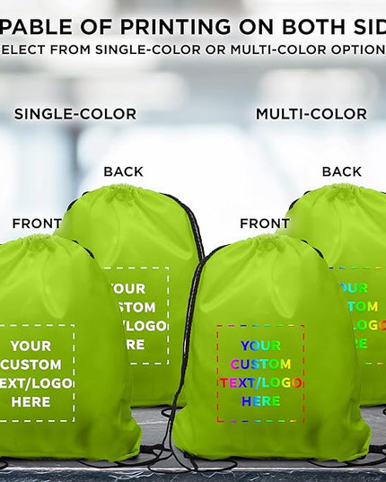 DISCOUNT PROMOS Custom Classic Polyester Drawstring Bagpack Set of 10/50/100, Personalized Bulk Pack - Great for Travelling, Gym and for Everyday Use - Lime Green