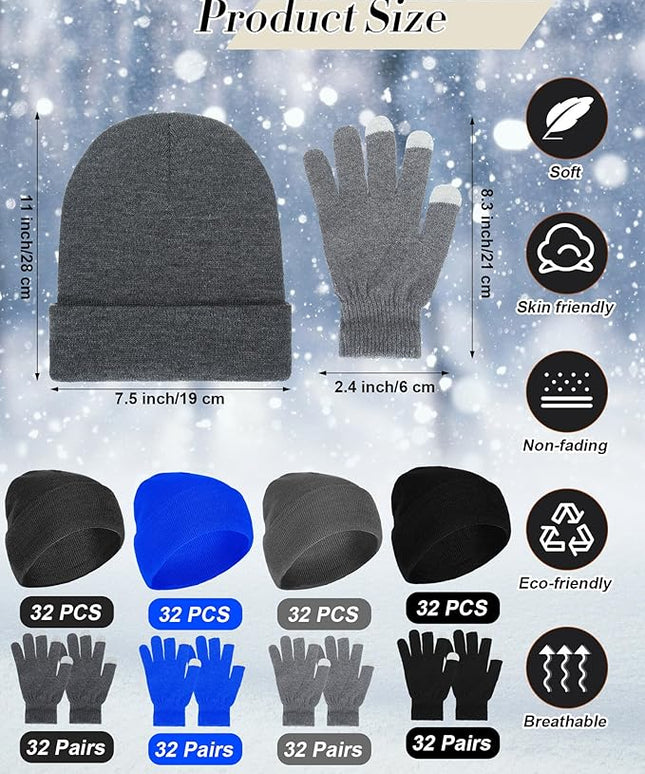 Suhine Bulk Winter Hats and Gloves Set Warm Beanie Gloves Pack Homeless Supplies for Cold Weather Charity