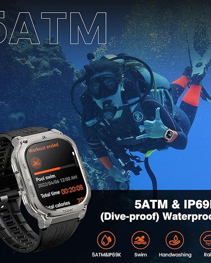 AMAZTIM Smart Watch, 60 Days Extra-Long Battery, 5ATM Waterproof Swimming Diving, Full Metal Military Grade, Answer/Make Call, 2" AMOLED Display, Health Monitor Compatible for iPhone and Android