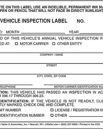 20-Pack, Annual Vehicle Inspection Label, 2-Ply Adhesive Vinyl, Prenumbered, DOT Compliant, J. J. Keller & Associates, Inc.