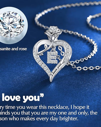 Rose Heart Pendant Necklace Gifts for Wife, Engraved 'I love you' Gift for Wife Girlfriend, Anniversary Birthday Eternity Jewelry Present for Women, Moissanite Necklace Gift for Her