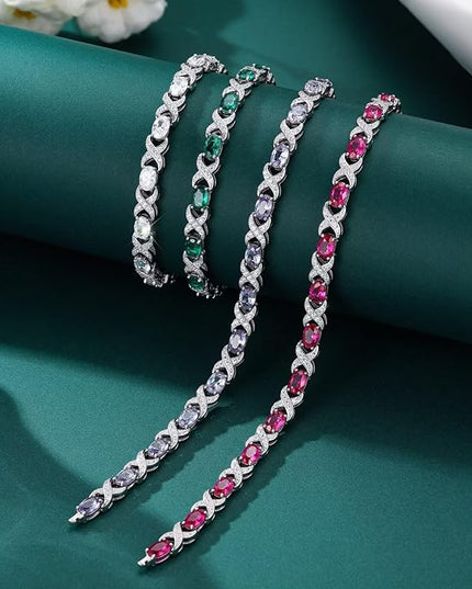 Iefil Valentines Day Gifts for Her, Oval Birthstone Tennis Bracelets for Women Wife Unique X O Design Fine Jewelry Anniversary Birthday Gift 925 Sterling Silver Birthstone Jewelry for Mom Girlfriend