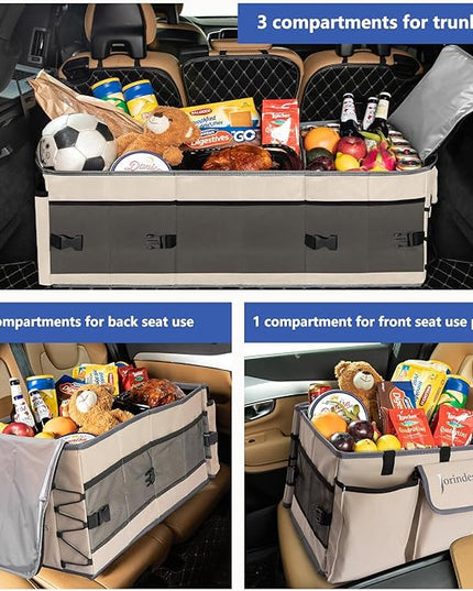 Trunk Organizer with Built-in Insulated Leak Proof Cooler Bag,Collapsible Cargo Organizer for SUV with Non Slip Bottom Strips,3 Large Compartments Foldable Waterproof Portable Car Storage Box