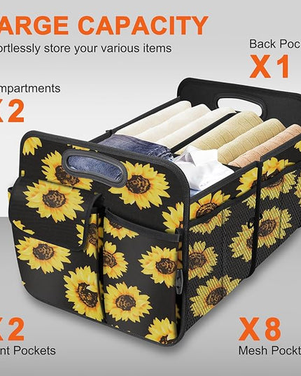 Trunk Organizer, Collapsible Trunk Organizers and Storage, Car Accessories for Women and Men, Multi-Compartment Trunk Storage Organizer for SUV, Car, Mini-Van - Sunflower