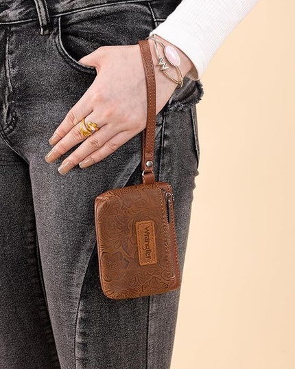 Montana West Wrangler Coin Purse for Women RFID-blocking Floral Embossed Change Pouch Wristlet Wallet Lightweight Portable Wallets Brown