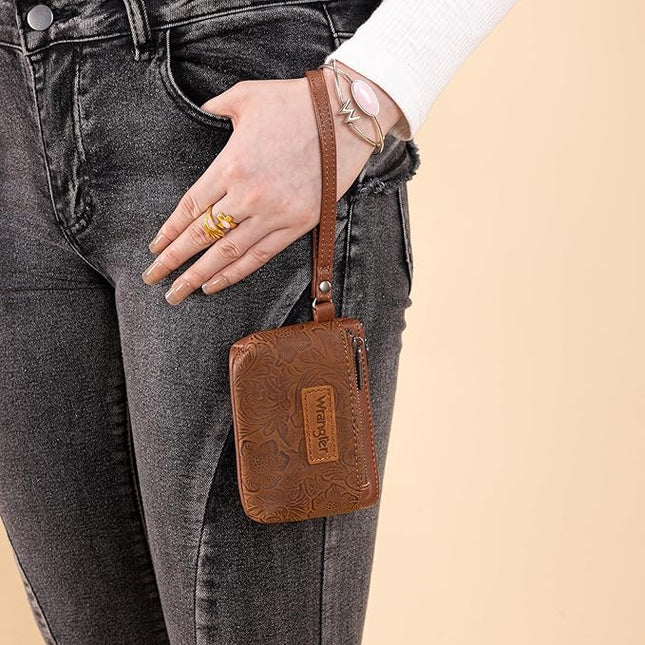 Montana West Wrangler Coin Purse for Women RFID-blocking Floral Embossed Change Pouch Wristlet Wallet Lightweight Portable Wallets Brown