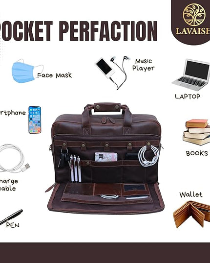 Handmade Full-Grain Leather Briefcase for Men & Women–17" Laptop Bag with Computer Compartment Office Satchel Bag