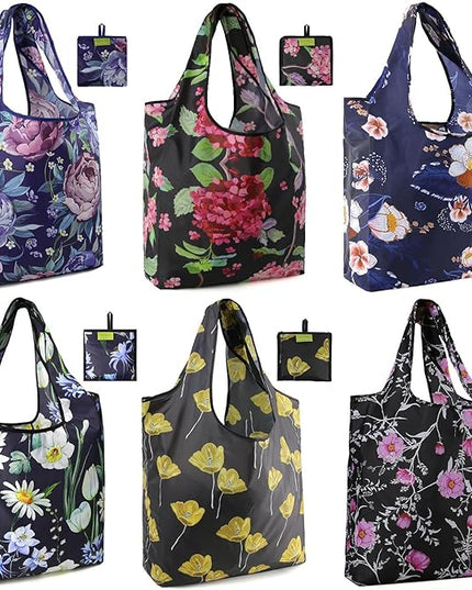 BeeGreen Floral Reusable Grocery Bags - X Large 50 LB Capacity,Foldable Tote Bag Gifts Fashionable Ripstop Polyester, Recyclable, Machine Washable Bulk Bags With Pouch - Ideal for Shopping