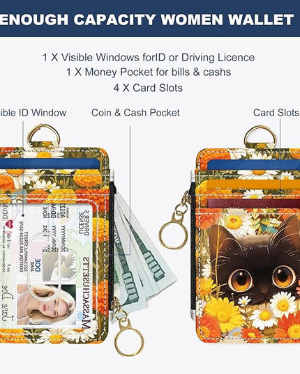 Slim Wallet Credit Card Holder, Cat and Yellow Flower, RFID Wallet Women Cute Small Front Pocket Wallet With Zipper, PU Leather Thin travel RFID Blocking Card Case ID Window,Ladies Gifts