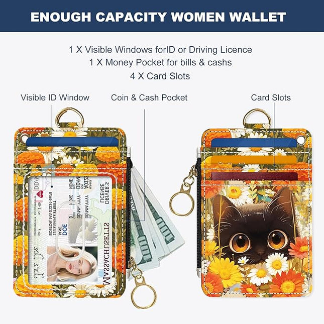 Slim Wallet Credit Card Holder, Cat and Yellow Flower, RFID Wallet Women Cute Small Front Pocket Wallet With Zipper, PU Leather Thin travel RFID Blocking Card Case ID Window,Ladies Gifts