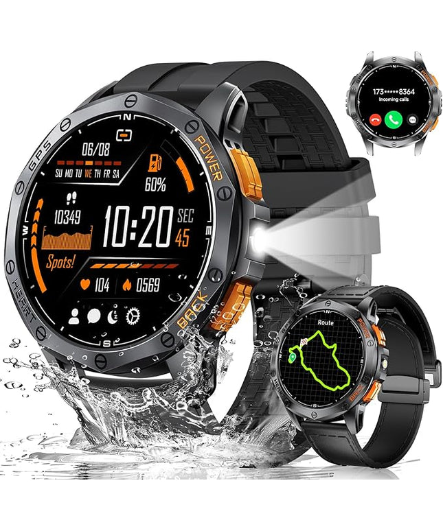 LIGE DM1 GPS Military Smart Watch for Men (Answer/Make Calls), 100+ Sports Modes Fitness Tracker, LED Flashlight/Compass/45 Days Battery/IP68 Waterproof 1.43'' AMOLED Smartwatch for Android iOS