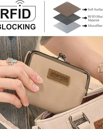 Montana West Wrangler Women's Wallet RFID Blocking Wallets Small Bifold Credit Card Holder with Kiss Clasp Tan