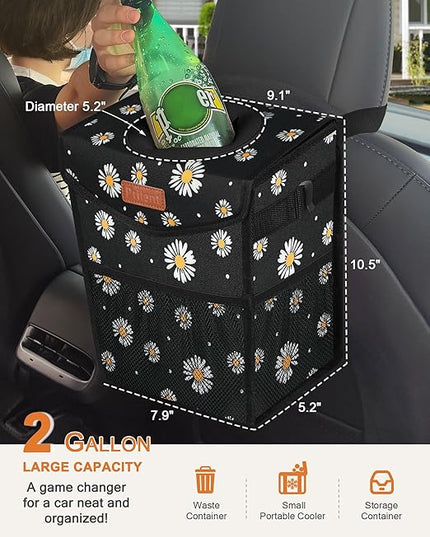 Car Trash Can with Lid, Cute Leakproof Car Trash Garbage Bag Hanging Vehicle Trash Bin Small Portable Automotive Garbage Cans Organizer for Back/Front Seat/Console(Trapezoid,Black Flower)