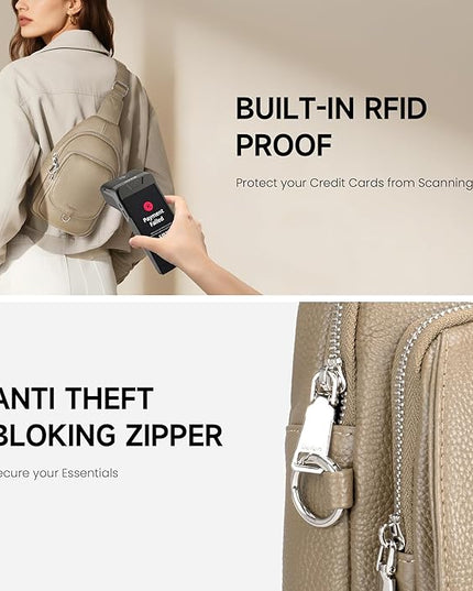 befen Anti Theft Genuine Leather Sling Bag for Women RFID Small Crossbody Bag Chest Bag Leather Fanny Packs for Travel