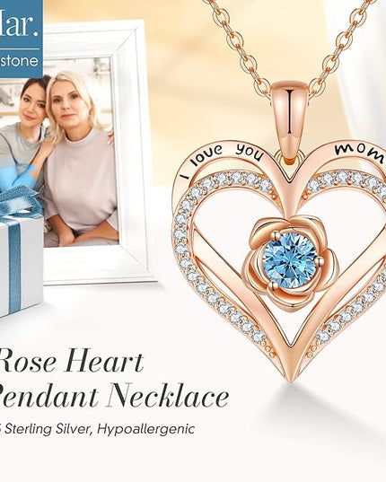 CDE Christmas Gifts for Women S925 Silver Rose Gold Heart Birthstone Necklaces for Women，Ideal Anniversary or Birthday Jewelry Gifts for Wife Girlfriend Her