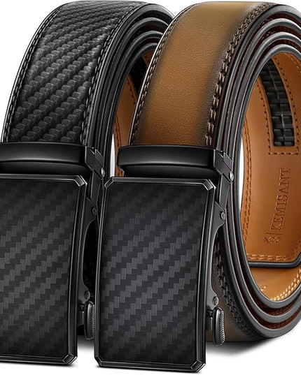 KEMISANT Men Belt 2 Pack, Leather Ratchet Belt Easy Click Slide For Men 1 3/8",Cut for Fit