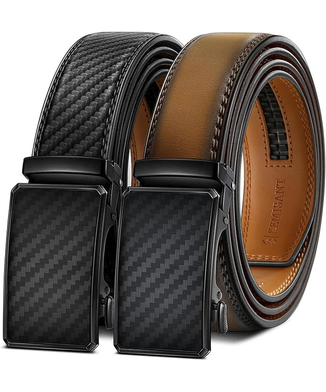 KEMISANT Men Belt 2 Pack, Leather Ratchet Belt Easy Click Slide For Men 1 3/8",Cut for Fit