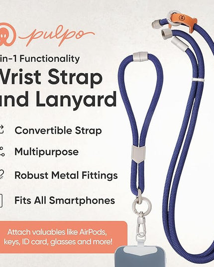 Pulpo 2 in 1 Anti Theft Phone Lanyard and Wrist Strap for iPhone and Android, Adjustable Cell Phone Leash and Universal Tether, Hands Free Strap for Travel Running and Everyday Use, Navy