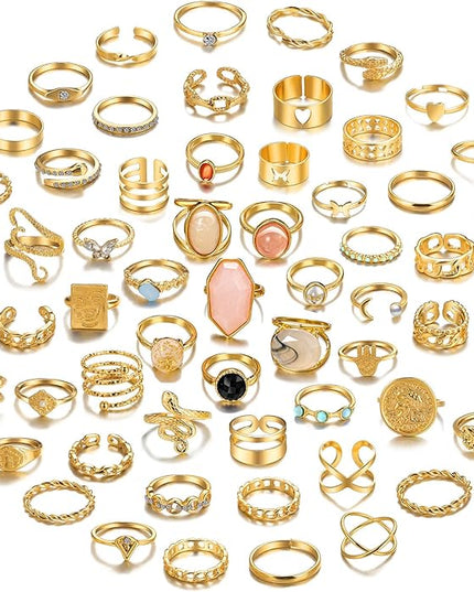 17KM 60 Pcs Gold Stacks Ring Sets for Women Non Tarnish, Dainty Vintage Stackable Rings Pack, Finger Midi Knuckle Rings for Jewelry Gift