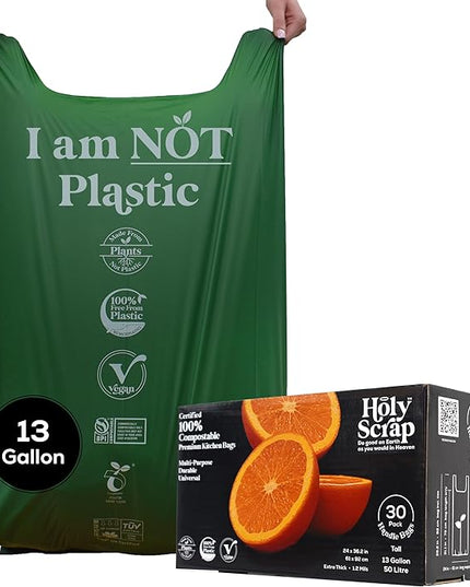 Extra Large Compostable Trash Bags - 13 Gallon, 30 Pack | Plastic-Free & Decomposing Tall Kitchen Garbage Bags & Liners with Easy-Tie Handles | Thick Bin Bags for Green & Food Waste