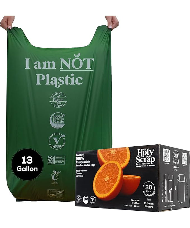 Extra Large Compostable Trash Bags - 13 Gallon, 30 Pack | Plastic-Free & Decomposing Tall Kitchen Garbage Bags & Liners with Easy-Tie Handles | Thick Bin Bags for Green & Food Waste