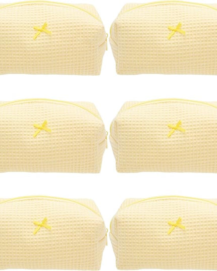 PAZIMIIK 6PCS Cozy Makeup Bag Travel Cosmetic Bag for Women Soft Toiletry Bag Aesthetic Makeup Organizer Portable Large Zipper Pouch for Skincare Beauty Accessories Brushes Waffle Check Yellow