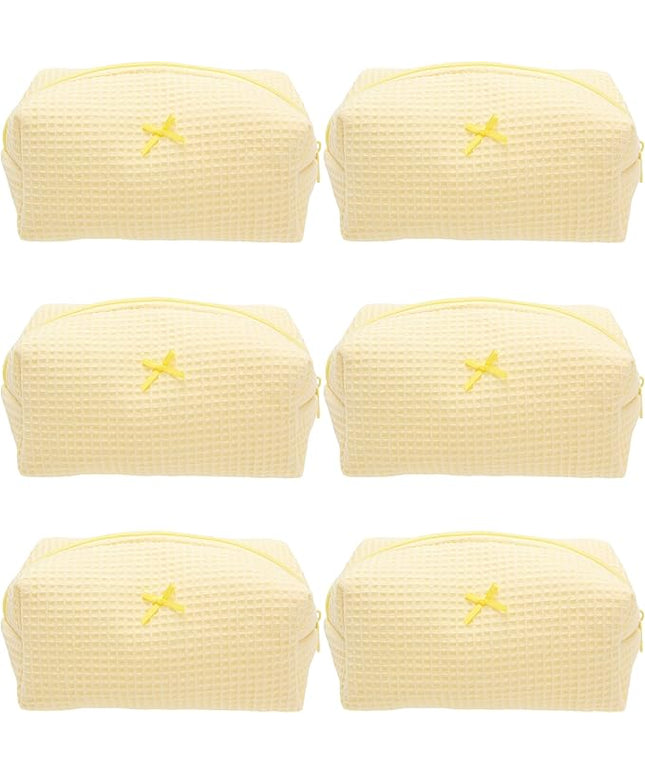 PAZIMIIK 6PCS Cozy Makeup Bag Travel Cosmetic Bag for Women Soft Toiletry Bag Aesthetic Makeup Organizer Portable Large Zipper Pouch for Skincare Beauty Accessories Brushes Waffle Check Yellow