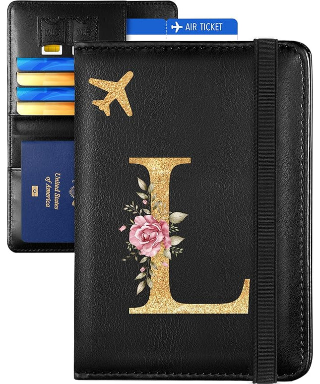 Slohif Initial Passport Holder Cover Wallet Case for Travel Women - Leather Letter Passport Book Family Multiple Personalized Organizer Card Slots Protector Sleeve Essentials Slim Carrier Black L