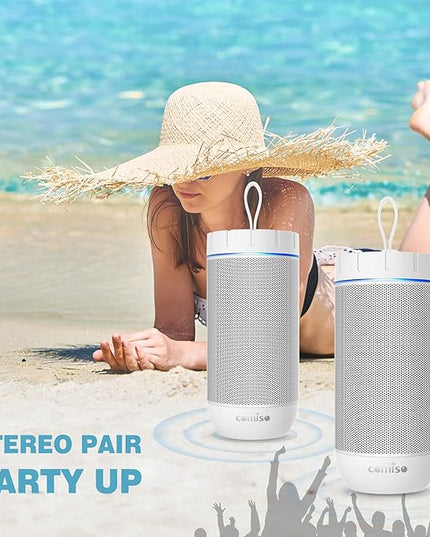 comiso X26 Bluetooth Speaker, IPX4 Waterproof Speakers 360° HD Surround Sound with Punchy Bass, Wireless Dual Pairing, 24H Playtime, Portable Speaker for Shower, Home, Outdoor, Camping, Beach-White