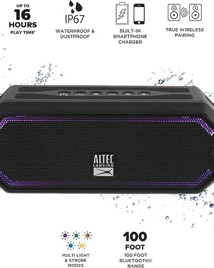 Altec Lansing - HydraJolt Wireless Bluetooth Speaker, Waterproof Portable Speakers with Built in Phone Charger and Lights, Everything Proof Outdoor, Shockproof, Snowproof, 16 Hours Playtime