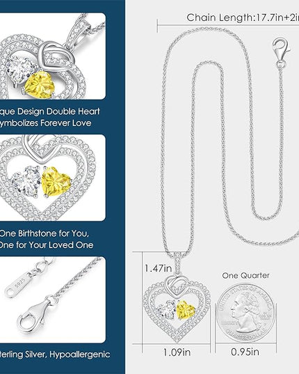 LOUISA SECRET Sparkling Double Heart Birthstone Necklaces for Women, 925 Sterling Silver Fine Jewelry, Pendant Heart Necklaces Birthday Anniversary Christmas Gift for Women Wife Mom Girlfriend Lady