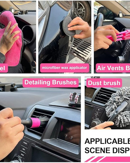21Pcs Car Wash Kit,62" Car Wash Brush Mop with Long Handle,Car Cleaning Kit,Car Detailing Brush Set,Car Wash Bucket with Filter,Windshield Window Squeegee for Cars RV Truck Boat (Pink)