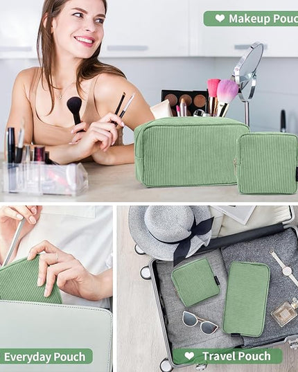 MAGEFY Small Makeup Bag for Purse Mini Cosmetics Bag Corduroy Cute Cosmetic Pouch for Women with Slip-in Pockets