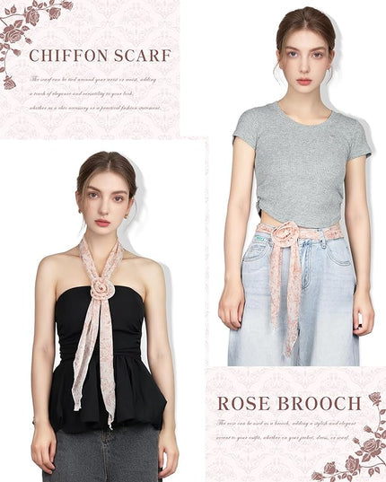 Chiffon Scarf for Women, Removable Flower Neck Scarf Light Soft Fashion Rose Scarves Versatile Headband or Hair Band