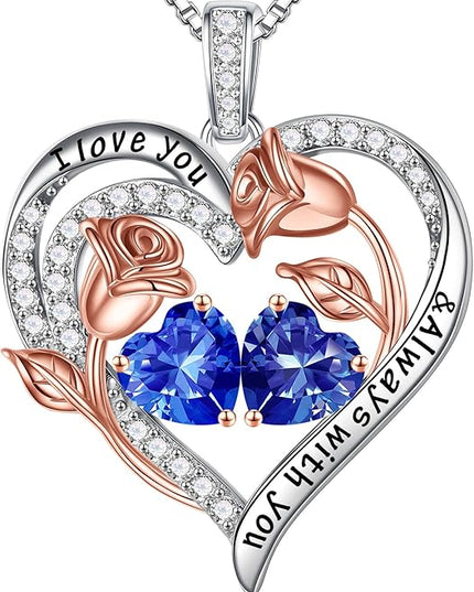 Iefil Christmas Gifts for Women Wife - 925 Sterling Silver Rose Heart Birthstone Necklace Birthday Anniversary Jewelry Gifts for Her Wife Mom Daughter