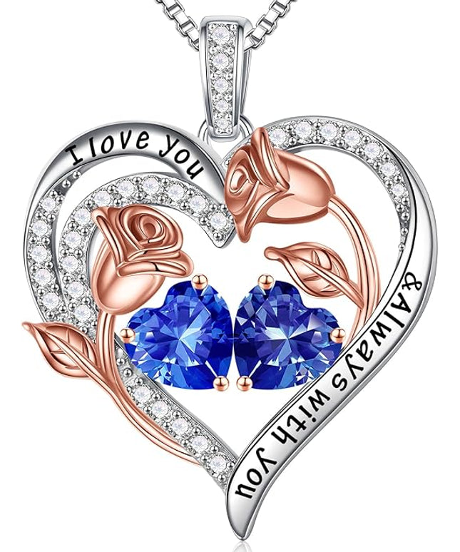 Iefil Christmas Gifts for Women Wife - 925 Sterling Silver Rose Heart Birthstone Necklace Birthday Anniversary Jewelry Gifts for Her Wife Mom Daughter