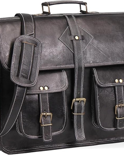 Vintage Leather Laptop Bag for Men Full Grain Large Leather Messenger bag for men 18 inches with rustic look Brown briefcase (Black)