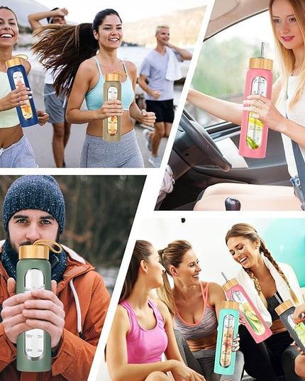 32 oz Glass Water Bottle with Straw - Motivational Time Marker & Silicone Sleeve - Reusable Tumbler Includes 2 Bamboo Lids & Fruit Infuser - 1 Pack