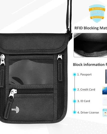 WALNEW Passport Holder Neck Pouch Travel Wallet for Women and Men, RFID Blocking Security Slim Traveling Wallet with Around Neck Lanyard Strap