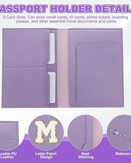PATIKIL Passport Holder for Travel, Initial Passport Cover and Luggage Tag Set with Alphabet Chenille Letter Patch Travel Wallet Bag Suitcase Identifier for Women Family Travel Purple M