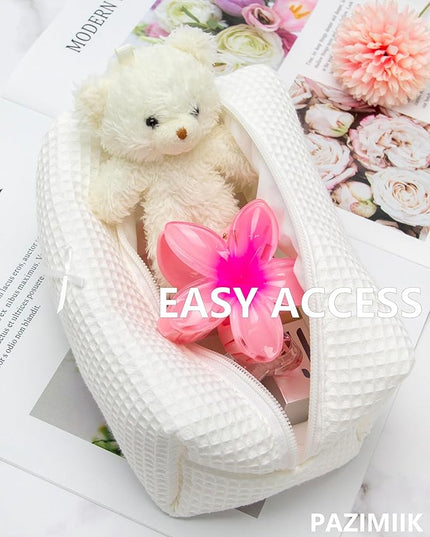 PAZIMIIK 6PCS Cozy Makeup Bag Travel Cosmetic Bag for Women Soft Toiletry Bag Aesthetic Makeup Organizer Portable Large Zipper Pouch for Skincare Beauty Accessories Brushes Waffle Check Cream White