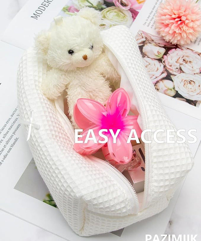 PAZIMIIK 2PCS Cozy Makeup Bag Travel Cosmetic Bag for Women Soft Toiletry Bag Aesthetic Makeup Organizer Portable Large Zipper Pouch for Skincare Beauty Accessories Brushes Waffle Check Cream White
