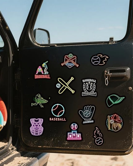 50 PCS Neon Theme Baseball Stickers for Water Bottles, Waterproof Vinyl Sticker for Skateboard Luggage, Sport Baseball Decal for Party Decor Boys Kids Gifts-A08