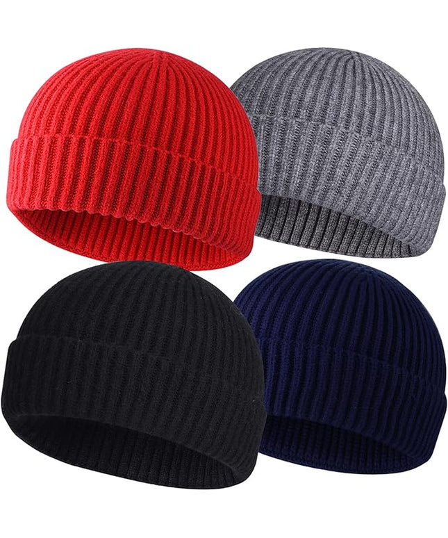 ROYBENS 4 Pack Wool Fisherman Beanies for Men, Knit Short Watch Cap Winter Warm Hats