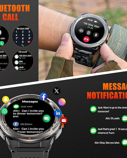 KE5 Military Smart Watch for Men with Flashlight SOS 3ATM Waterproof Watch 530mAh Big Battery 1.45" Rugged Tactical Smartwatch with Compass Elevation Barometer Fitness Watch for iPhone (Grey+2 Camo)